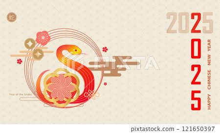 Horizontal banner with elements of Chinese New Year of the Snake. Traditional patterns, stylized snake. Translated from Chinese - Happy New Year 121650397