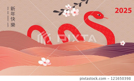 Banner template for Chinese New Year of the Snake with frame with traditional patterns and elements. Translated from Chinese - the symbol of a snake, New Year. 121650398
