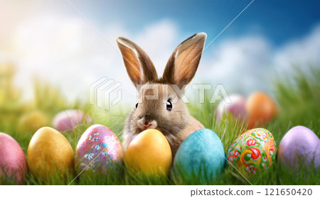Cute little bunny peeking behind Easter eggs in a green grass meadow. Seasonal celebration background with rabbit as spring holiday symbol 121650420