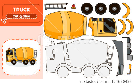 Printable Cut and Glue Game for Kids to Assemble a Concrete Mixer Truck Car 121650455