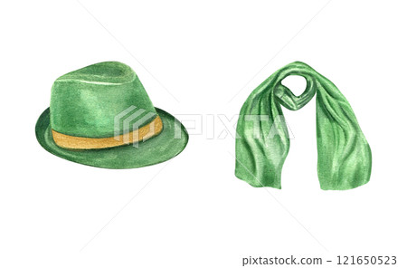 Watercolor green Borsalino felt hat with golden ribbon and wool scarf illustration clip art. Feisal carnival accessories for fancy dress. Fabric clothing elements for poster, advertising brochure Watercolor green Borsalino felt hat with golden ribbon and wool scarf illustration clip art. Feisal carnival accessories for fancy dress. Fabric clothing elements for poster, advertising brochure 121650523