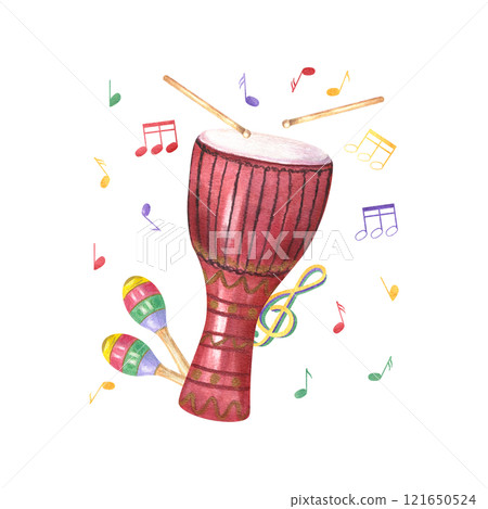 Djembe drum, colored maracas and flying musical notes watercolor illustration. Traditional ethnic music percussion instruments. Mardi Grass, Brazilian carnival, festival. For greeting cards, poster 121650524