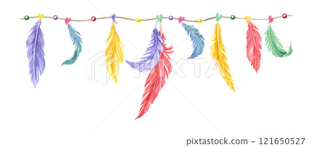 Watercolor multicolored fluffy feather plumage, hearts and beads hanging on string illustration. Hand drawn Mardi Gras carnival garland with accessories for party design, print, package decor Watercolor multicolored fluffy feather plumage, hearts and beads hanging on string illustration. Hand drawn Mardi Gras carnival garland with accessories for party design, print, package decor 121650527