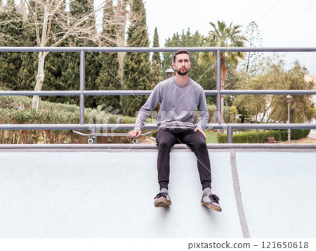 Young Man Sitting with Skateboard at Park 121650618