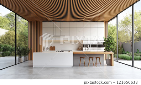 Modern kitchen with a slatted ceiling and large windows overlooking a lush garden 121650638
