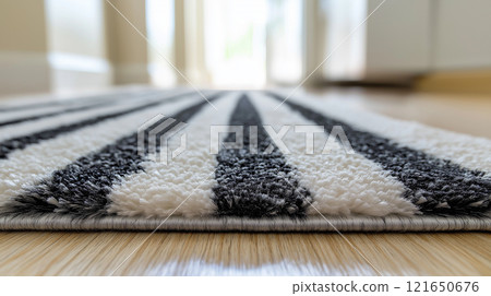 Close up view of a black and white striped rug on wooden floor in a bright room with natural light at midday 121650676