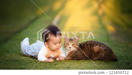 A baby lying on the grass with a cat. 121650712