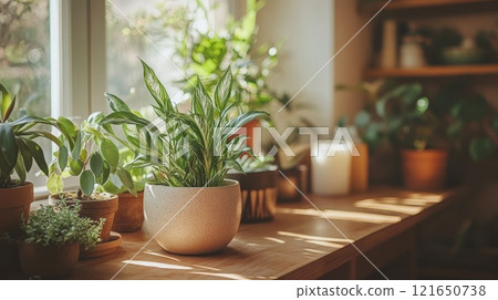 A revitalized kitchen space cleaned and organized for Imbolc with natural light and fresh plants enhancing the decor 121650738