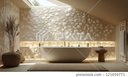 Relaxing home spa bathroom with natural stone accents and soothing lighting for a tranquil escape 121650771