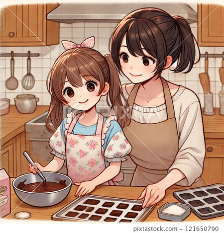 Mother teaching her daughter how to make chocolate 121650790