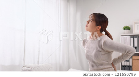 一名30至40多歲的女性，患有腰痛。 121650799