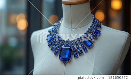 Elegant blue sapphire gemstone necklace displayed on a mannequin in a softly lit boutique Elegant blue sapphire gemstone necklace displayed on a mannequin in a softly lit boutique 121650852