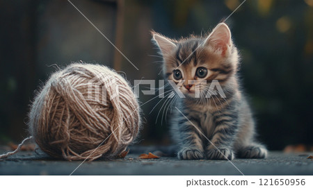 Adorable kitten sitting next to a ball of yarn, looking curious and playful, captured in soft natural light outdoors 121650956