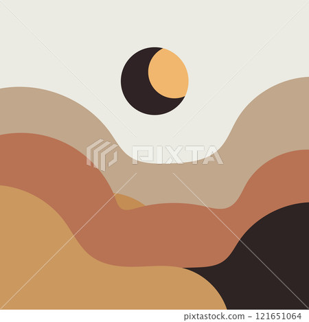 A solar eclipse against the backdrop of rolling mountains with warm sand and caramel hues. A calm composition creates an atmosphere of balance. A solar eclipse against the backdrop of rolling mountains with warm sand and caramel hues. A calm composition creates an atmosphere of balance. 121651064