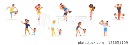 Exhausted Mom and Dad with Hyperactive Child Claiming Attention Vector Set 121651109