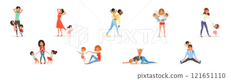 Exhausted Mom and Dad with Hyperactive Child Claiming Attention Vector Set 121651110