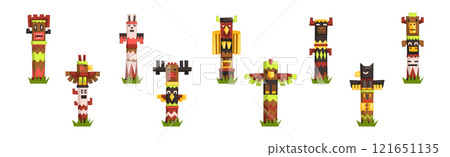 Totem Pole Monument Carved with Animal Figures Vector Set 121651135