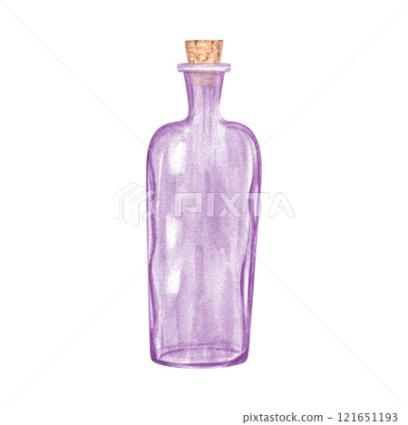 Purple transparent empty glass bottle with wooden cork watercolor illustration. Vintage glassware with stopper for perfume, oil, liquid, aromatherapy or drinks. For art projects, interior design. 121651193