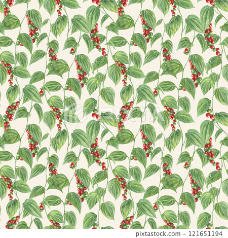 Watercolor intertwining climbing aromatic pepper branches seamless pattern on beige background. Green and red berries bunches and leaves. Spice food ornate illustration for canvas, package. Watercolor intertwining climbing aromatic pepper branches seamless pattern on beige background. Green and red berries bunches and leaves. Spice food ornate illustration for canvas, package. 121651194