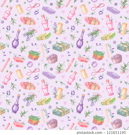 Watercolor flying spa elements seamless pattern on pastel purple background. Vintage candle, bowl with salt, wild flowers, herbs, bottle with oil, soap bars, bath bomb illustration for paper package. 121651195