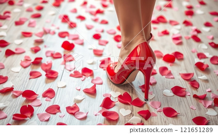 romantic valentines day two woman legs with elegant red high heels walking on a floor strewn with red rose petals 121651289