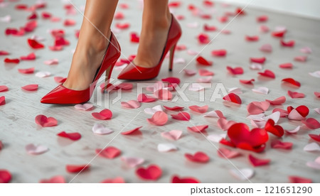 romantic valentines day two woman legs with elegant red high heels walking on a floor strewn with red rose petals 121651290