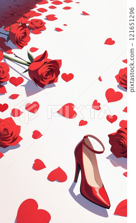 anime cartoon style image two woman legs with elegant red high heels walking on a floor strewn with red rose petals 121651296
