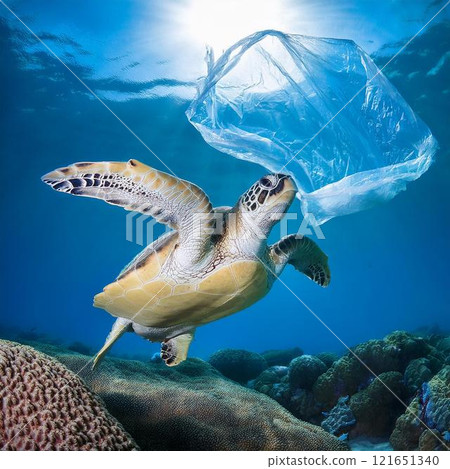 Sea turtles and garbage swimming in the ocean Sea turtles and garbage swimming in the ocean 121651340