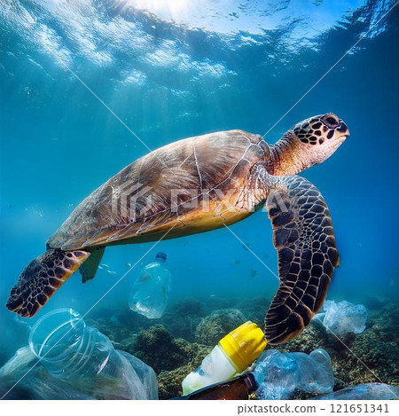 Sea turtles and garbage swimming in the ocean Sea turtles and garbage swimming in the ocean 121651341