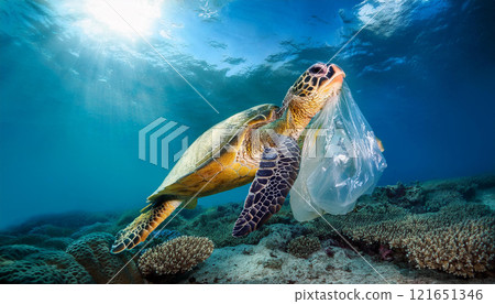 海龜和垃圾在海裡游泳 海龜和垃圾在海裡游泳 121651346