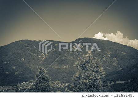 Wonderful wooded mountain alpine panorama with village and huts Austria. 121651493