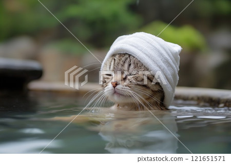 Cat taking a bath in a bathtub with a towel on his head Cat taking a bath in a bathtub with a towel on his head 121651571