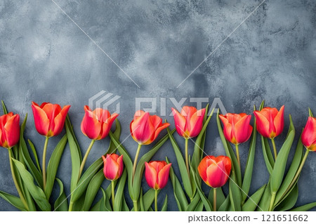 Bouquet of red tulips on gray background. Top view with copy space 121651662