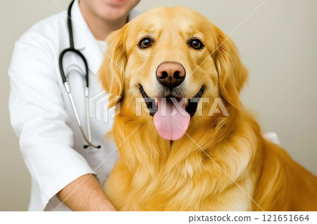 Veterinarian with a golden retriever dog in a veterinary clinic 121651664