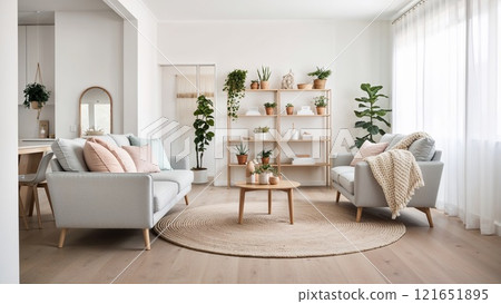 Modern cozy living room with neutral furniture and plants 121651895