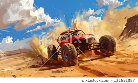 Off-road buggy racing through the desert, kicking up sand and dust in an intense, action-packed scene 121651897