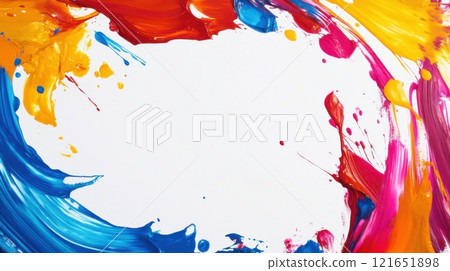 Bright splashes of blue,red,yellow and pink paint on a white background create a dynamic and artistic composition. frame Bright splashes of blue,red,yellow and pink paint on a white background create a dynamic and artistic composition. frame 121651898