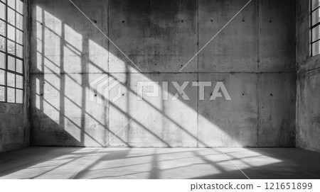 Minimalist industrial interior with concrete walls and geometric shadows from large windows 121651899