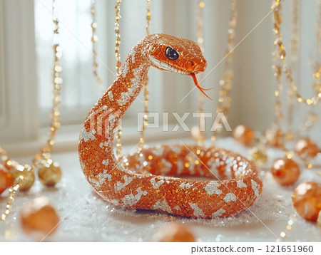 Beautiful fantasy cartoon snake with glitter and sparkle on scales, copy space, Symbol of the 2025 year of the Snakes, picture for a postcard poster calendar 121651960