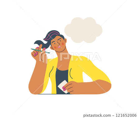 Writing people, modern flat vector concept illustration- sitting woman thoughtfully writing on paper, bubble near head Metaphor for reflection, personal insight, contemplation, creative expression 121652006