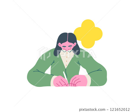 Writing people, modern flat vector concept illustration- sitting woman thoughtfully writing on paper, bubble near head Metaphor for reflection, personal insight, contemplation, creative expression Writing people, modern flat vector concept illustration- sitting woman thoughtfully writing on paper, bubble near head Metaphor for reflection, personal insight, contemplation, creative expression 121652012