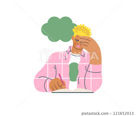 Writing people, modern flat vector concept illustration- sitting man thoughtfully writing on notebook, bubble near head Metaphor for reflection, personal insight, contemplation, creative expression Writing people, modern flat vector concept illustration- sitting man thoughtfully writing on notebook, bubble near head Metaphor for reflection, personal insight, contemplation, creative expression 121652013