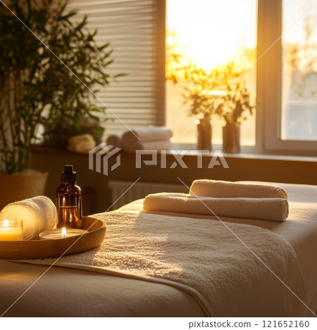 Massage table prepared for spa treatment with burning candles and essential oils at sunset 121652160
