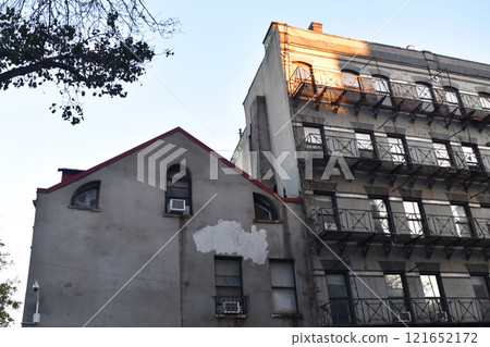 New York historical building facades, skyscrapers Manhattan, Art Deco architecture, Historical architectural gems New York, old historical building facades in NY, USA 121652172