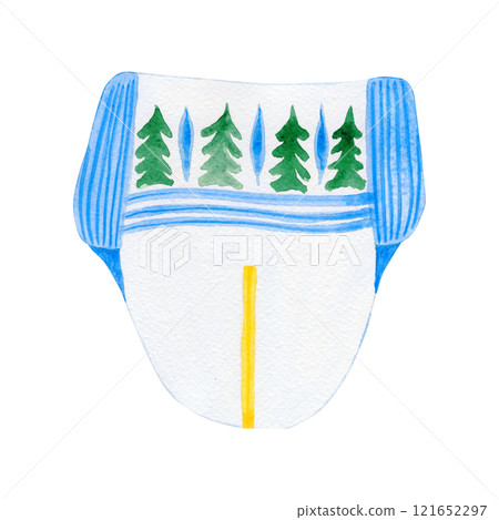 Illustration of a baby disposable diaper. Made in watercolor technique. Disposable panties are white, the drawing is done by hand Illustration of a baby disposable diaper. Made in watercolor technique. Disposable panties are white, the drawing is done by hand 121652297