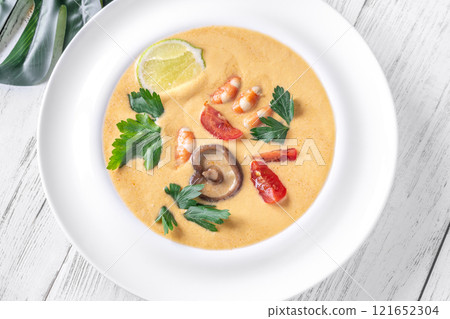 Creamy Tom Yum Soup with Shrimp and Coconut Milk, Thai Cuisine Creamy Tom Yum Soup with Shrimp and Coconut Milk, Thai Cuisine 121652304