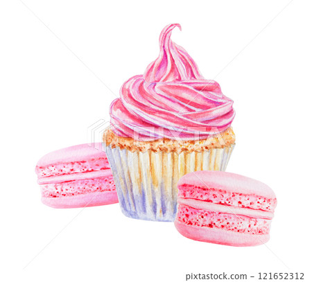 Watercolor illustration of cupcake with vibrant pink swirled frosting and macarons. Isolated clipart is perfect for bakery branding, dessert menu, food-related design, greeting cards, party projects Watercolor illustration of cupcake with vibrant pink swirled frosting and macarons. Isolated clipart is perfect for bakery branding, dessert menu, food-related design, greeting cards, party projects 121652312