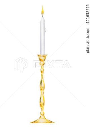 Watercolor isolated clipart of elegant gold candelabra, metal candlestick and white candle burning with yellow flame. Perfect for weddings, event decor, romantic dinners, Valentine's Day, Christmas 121652313