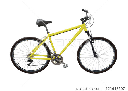 Yellow bicycle, side view. Black leather saddle and handles. Png clipart isolated on transparent background 121652507