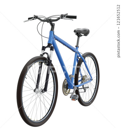 Blue bicycle, front side view. Black leather saddle and handles. Png clipart isolated on transparent background 121652512